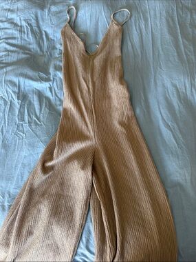 Pull&Bear Ribbed Tan Wide-Leg Jumpsuit